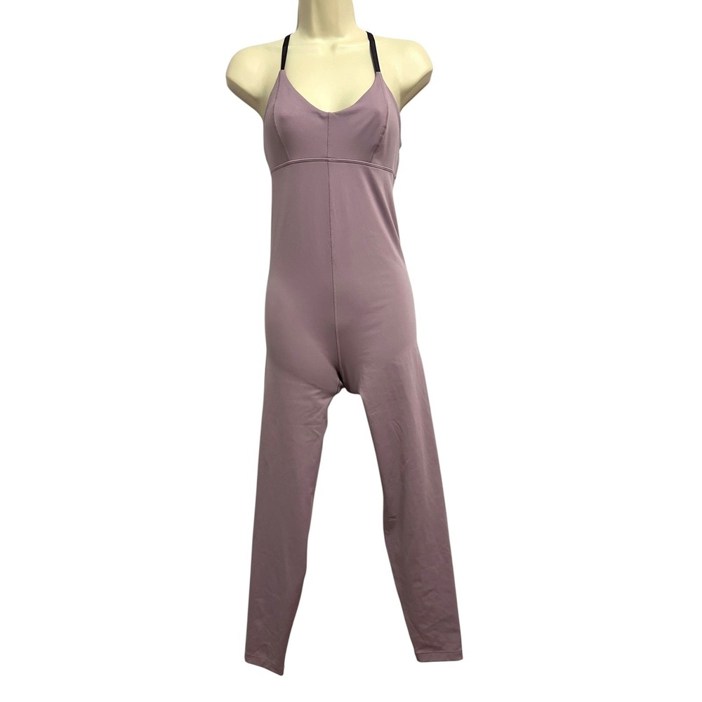 Le ORE Lucca High Rise Jumpsuit Sea Fog Purple Strappy Back Yoga Unitard Small